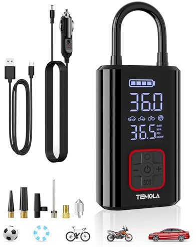 TEMOLA Compressore Aria Portatile Auto, Mini Compressore Portatile con Luce LED, Potente Senza Fili Accessori Auto Essenziali per Gli Uomini con Manometro per Auto Moto Bicicletta