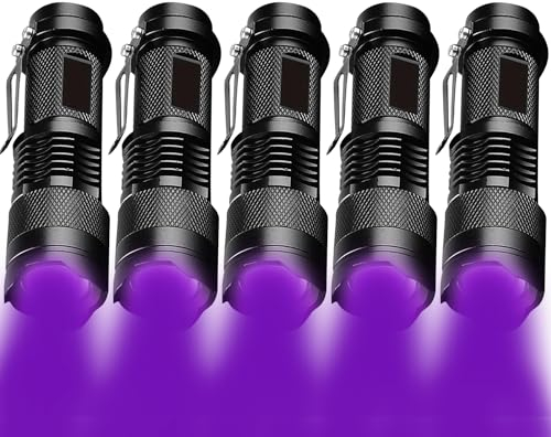 MODOAO Lot de 5 lampes de poche UV 395 nm, lampe torche UV puissante pour inspection de la maison et de l'hôtel, détecteur de lumière noire pour urine d'animaux, taches, punaises de lit et plus encore
