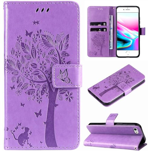 Hancda Case for iPhone SE 2022 / iPhone SE 2020 / iPhone 8 / iPhone 7 Leather Case Wallet Flip Cover with Card Holder Slots Design Pattern Magnetic Stand Strap Shockproof Phone Case Cover,Purple
