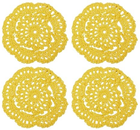 QUARKZMAN Gehäkelte Deckchen 4Stk 4 - Baumwolle Gewebte Stoff Untersetzer Spitze Runde Handgefertigte Untersetzer mit Blumen Muster für Hochzeit Party Dekoration (Gelb)