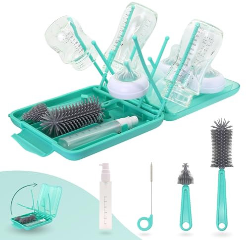 BELLEBEBE Set Escurre Biberones Con Limpia Biberones - 6 en 1 Kit Cepillo Con Escurre Plegable - Portátil - Transportable - Regalo Para Bebé - SIN BPA - Tiffany