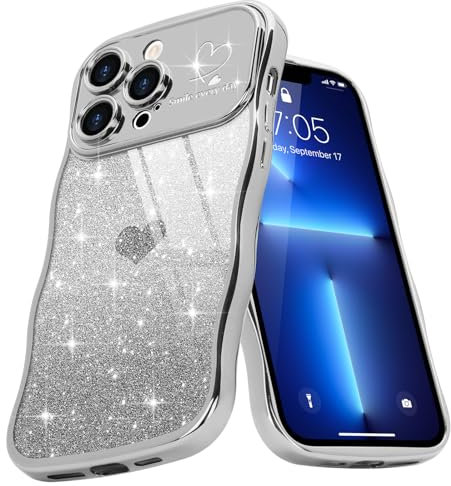 Teageo Cute Heart Pattern Curly Phone Case for iPhone 13 Pro, Wave Frame Glitter Case for Girls Women Aesthetic Bling Cover Shockproof Soft TPU Bumper for iPhone 13 Pro, Silver