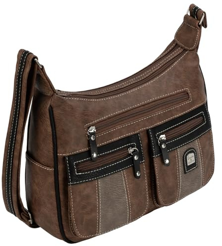 EAAKIE Damen Tasche, Schultertasche, Handtasche, Umhängetasche mit Leder Optik und vielen Fächern (BRAUN-TAN)