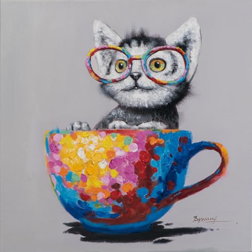 Generisch Art Universe Leinwandbild „Katze in Bunter Tasse – 60x60 cm Handgemaltes Acrylbild auf Echtholzrahmen – Modernes Tierporträt für Wohnzimmer & Kinderzimmer – Quadratisch & Aufhängebereit