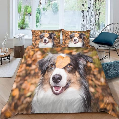 Bettwäsche 135x200 Australischer Hirte Bettbezug mit Reißverschluss 100% Mikrofaser Bettwäsche-Sets für Junge Mädchen 3D Druck Haustier Hund Kinderbettwäsche mit 2 Kissenbezüge 80x80cm Sommer A66