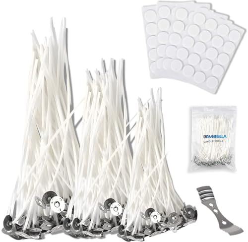 TheAmbrella Candle Wicks for Making Candles 80 Pcs- 4+6+8 Pre-Waxed Wicks with Metal Tabs and 80 Stickers & 3-Hole Wick Holder - Low Smoke & Longer Burning Time - Perfect for DIY Candles
