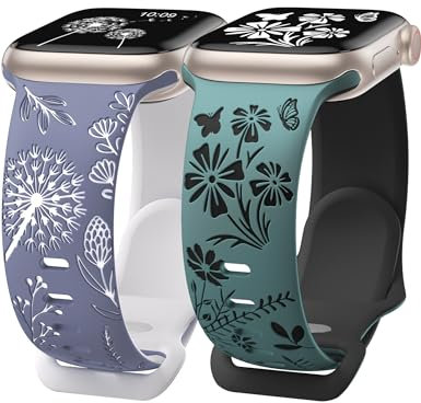 Wearlizer 2Stück Floral Gravierte Kompatibel mit Apple Watch Armband 41mm 40mm 42mm 38mm Damen, Zweifarbiges Blumen Silikon Sportarmband für iWatch Serie 10 9 8 7 6 5 4 3 2 1 SE, Blau/Grün