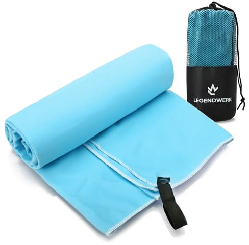 Legendwerk® Mikrofaser-Badetuch HELLBLAU 160x80 cm – leicht & saugstark – perfektes Gym- und Strandhandtuch – mit Druckknopfschlaufe & Tasche – stylisch & kompakt für unterwegs