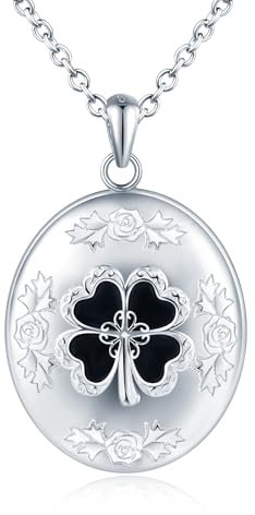 MICMIF Foto Bilder Kette Kleeblatt Oval Medaillon Damen Silber 925 Halskette Personalisierte, Schwarz/Rot/Grün Klee Medaillon Anhänger Vintage Amulett Kette für Frauen Mädchen