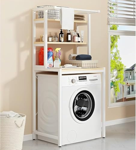 3-Tier Laundry Room Shelf, Over The Washer and Dryer Storage Shelf, Above Washing Machine Shelf, Shelves Above Toilet with Hanging Rod, Bathroom Organization Space Saving Shelving Units(Color:White)