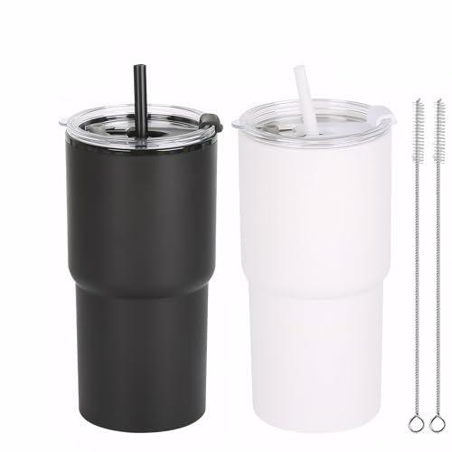 Yisituo Coffee Travel Mug, 2 Pack 480ml Reusable Plastic Cups, Drink Cups with Lids and Straws, Insulated for Hot & Cold Drinks, Car Cup Holder Compatible (2, Black, White)