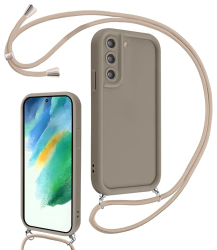 Coalbooliy Handykette für Samsung Galaxy S21 FE(5G) Hülle 6,4 mit Band, Handyhülle Kameraschutz Weiches Silikon Necklace Stoßfeste Schutzhülle mit Kordel zum Umhängen Cover für Mädchen Frauen, Khaki