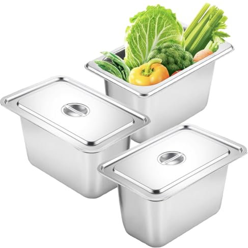 3er Set Lebensmittelbehälter Edelstahl mit Deckel, GN Behälter 1/3, Gastrobehälter und Panierschalen 3-teilig, Edelstahl für Warm/Kalt, Catering