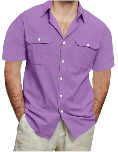 Men's Cotton Linen Shirts Short Sleeve Casual Button Down Blouses Beach Summer Vacation Tops with 2 Pockets Lightweight Tactical Cargo Shirt Loose Fit Plus Size Purple