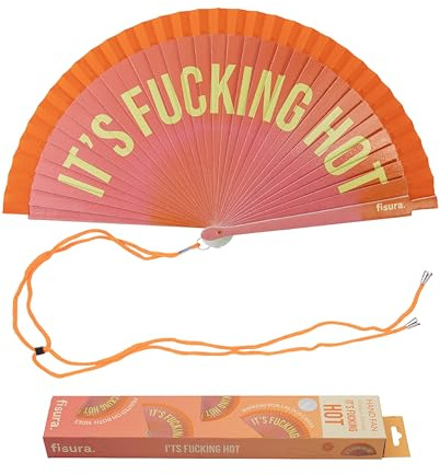 Fisura – Origineller Fächer mit Text „It’s f*cking hot“. Bunter Handventilator aus Holz, wendbar und modern. Farbverlauf rosa-orange. Inklusive Aufhänger. Maße: 42,5 x 23 cm