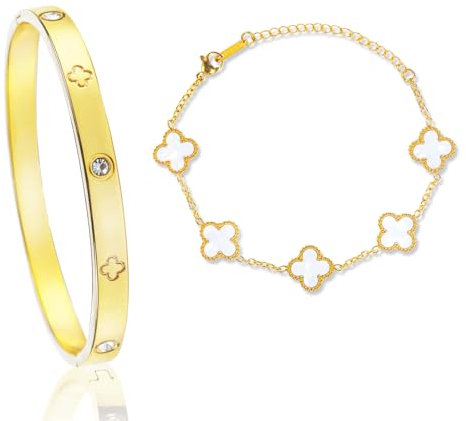 SUEHBEXF 2 Stück Kleeblatt Armband, 18K Vergoldet Vierblättriges Kleeblatt Armband, 18K Gold Plattiert Freundschaft Cubic Zirkonia Armreif, Geschenke für Frauen Mutter Mädchen