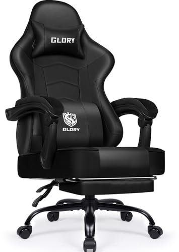 minnouat Gaming Stuhl, Bürostuhl Ergonomisch mit Teleskopische Fußstütze, Gaming Chair mit Kopfstütze und Lendenwirbelstütze,Gaming Sessel gepolstert 150 kg, höhenverstellbarer Gamer Stuhl,Schwarz