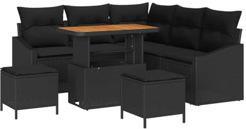 vidaXL Garten-Sofa-Set mit Kissen 8 pcs Schwarz Poly Rattan, Modulares Outdoor-Sofa-Set, rechteckige Gartenlounge, strapazierfähige Rattan-Couch, verstellbare Füße