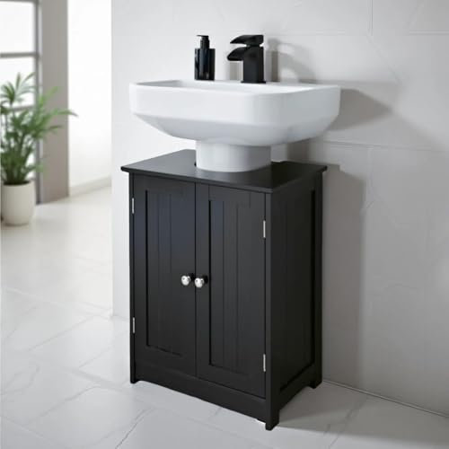 dylex Bathroom Under Sink Storage Cabinet with Door, 2 Shelves, Free Standing Bathroom Organiser, Black