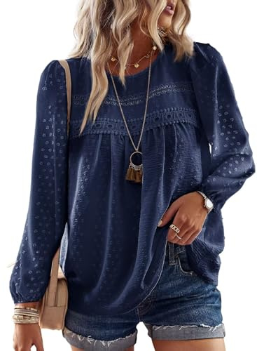 TUUHAW Womens Tops Autumn Round Neck Flowy Chiffon Boho Lace Tunic Shirts | Long Sleeve Tunic Tops for Women, Boho Crochet Chiffon Blouses, Flowy Lace Hem Clothing, Cute Elegant Business Peasant