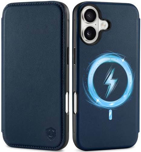 SHIELDON Funda con Tapa de Cuero Genuino para iPhone 17 6,3, Azul Marino | Bloqueo RFID, Carga Inalámbrica, Ranuras para Tarjetas, Funda Tipo Billetera, Carcasa Magnética Slim Wallet Case, 5G 2025