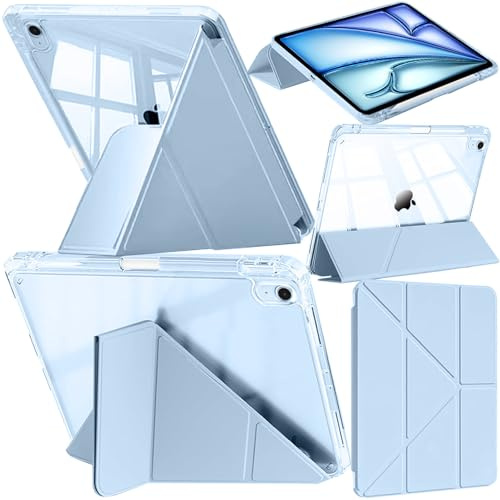 A-BEAUTY Funda Compatible con iPad Air 11 Pulgadas M3/M2 (2025/2024), iPad Air 5/4 (10,9 Pulgadas, 2022/2020) con Portalápiz, Transparente Antigolpes Cover, 6 en 1 con Soporte, Azul Claro