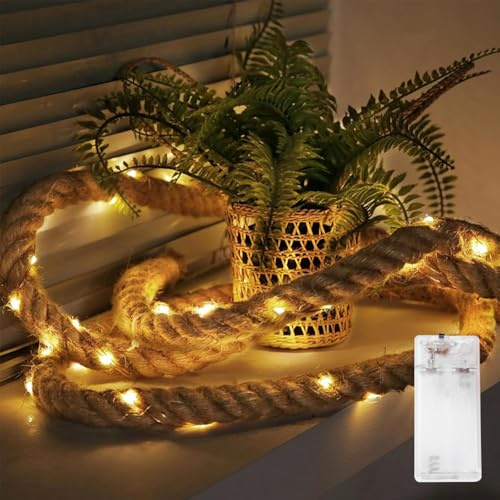 Kaleora LED Lichterkette Seil, 2M 40 LED Rustikale Jute Seil Lichterkette Batteriebetrieben, Warmweiß Dekorative Naturseil Lichterketten für Weihnachtsdeko Garten Terrasse Balkon