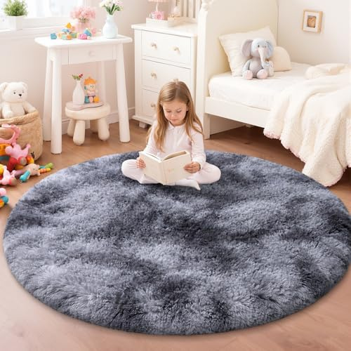 JOYARR Rundteppich, Flauschig Waschbar rutschfest, 160cm, Tie Dye Dunkelgrau