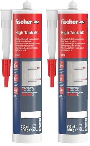 fischer High Tack AC - Adesivo di montaggio inodore, per interni, adesivo acrilico per incollare componenti e compensare irregolarità, 310 ml, bianco (Confezione da 2)