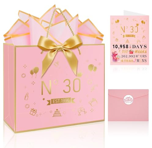 OLOSONG Geschenktüte zum 30. Geburtstag für Frauen, mit Griff-Design, Grußkarte zum 30. Geburtstag, Umschlagaufkleber, Schleife und Seidenpapier für Frauen und Mädchen (33 cm, Rosa + Gold, Heißprägung