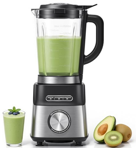 AMZCHEF Batidora de Vaso 1200W, Jarra de Vidrio 1,5L Resistente al Calor, 5 Velocidades + Programas Smoothie/Pica Hielo/Autolimpieza, 6 Cuchillas de Acero Inoxidable, Apta Lavavajillas, Seguridad