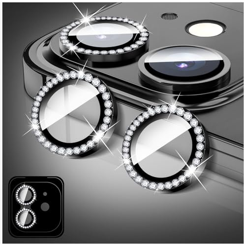 LucBuy Protector de Lente de Cámara Compatible con iPhone 11, Protector de Lente de Cámara de Cristal Templado con Diamante, Anillos Metálicos Individuales (Negro)