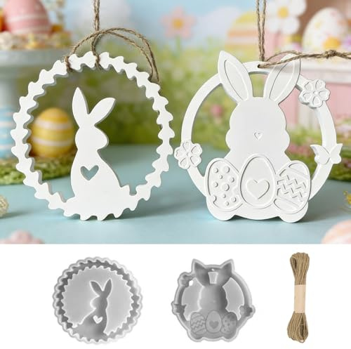 2pcs Silikon Gießformen Ostern, Hasenform mit Rundem Anhänger Motiv, Flexible Formen für Gips, Beton, Harz und Frühlingsdeko