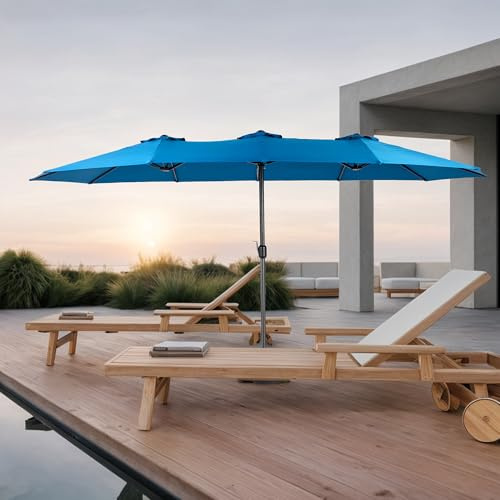 Parasol Extérieur Rectangulaire 14.8 Pieds Double Face avec Manivelle, Acier, Grand, Dark Blue, Pour Jardin, Terrasse, Piscine, (Sans Base)