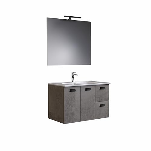 Mobile bagno TEIA2 80cm Due ante e due cassetti con lavabo, specchio e lampada CEMENTO CHIARO – MaMa Store