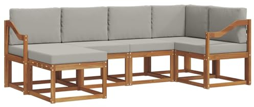 vidaXL Outdoor-Sofagarnitur mit Kissen 6 pcs Natürlich und Hellgrau, Outdoor-Sofa-Set, Moderne Terrassenlounge, langlebige Gartenmöbel, modular, Terrassensitzmöbel