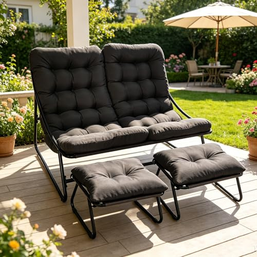 SANEIOUI Gartenliege 2 Personen Metall, Doppelliege Outdoor 2 Personen mit Dicker Abnehmbares Gepolsterter, Belastbarkeit bis 225kg, Relaxliege für Garten, Wohnzimmer, Terrasse (Schwarz mit Fußbank)