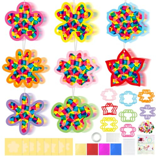 Atomvia 252 Teiliges Fensterbilder Bastelset Kinder, DIY Fensterbilder Basteln mit 24 Blumen Vorlagen, 4 Farben Konfetti, Pompons und Schnur, Bastelset für Fensterdeko und Kreative Kinderprojekte