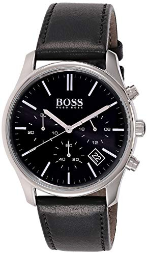 BOSS Herrenchronograph 42 mm Quarz-Uhr Collection TIME ONE mit Schwarzem Zifferblatt, Schwarzem Lederarmband, Datumsfunktion, 3 Hilfszifferblätter, 5ATM Wasserdichtigkeit - 1513430