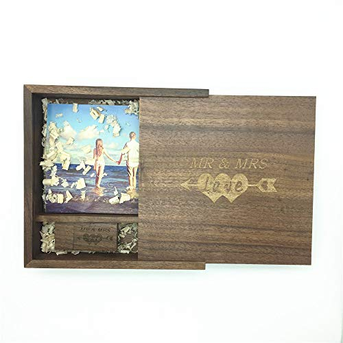 LXSINO 64 GB Holz USB Stick mit Lasergravur Mr & Mrs Design - 64 GB Holz USB 3.0 Flash-Speicherstick mit Fotografie Holzkiste (170 * 170 * 35mm) für Braut, Bräutigam, Liebhaber
