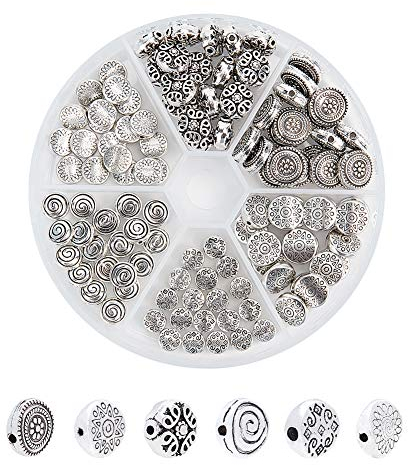 PH PandaHall 120Pcs Tibetanische Spacer Perlen 6 Stile Antike Silberne Metallperlen Flache Runde Spacer Perlen Metall Spacer für Armband Halskette Schmuckherstellung (Stern, Spirale, Blume, Raute)
