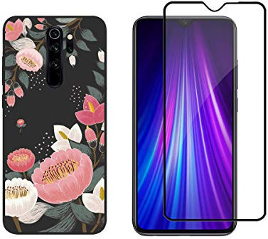 NOVAGO Compatible con Xiaomi Redmi Note 8 Pro - Funda Gel de Silicona + Protector de Pantalla de Vidrio Templado (Flores)
