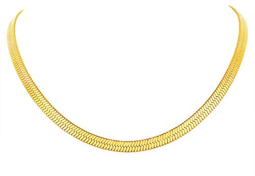 FindChic Choker Kette Damen vergoldet Flache Schlange Kette 47cm lang Sleek Halskette 5mm Goldkette Edelstahl Flachpanzerkette mit Schmuckbox für Mädchen Frauen