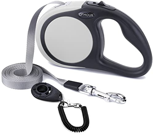 CFMOUR Einziehbare Hundeleine, 5 m/20 kg, grau, strapazierfähig, ausziehbar, für kleine bis mittelgroße Hunde; starkes Nylonband, Ein-Knopf-Bremse und Verriegelung, Bonus-Trainings-Clicker