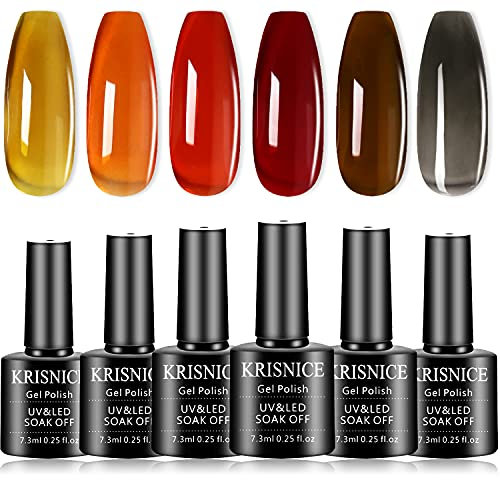 KRISNICE Tortoise Shell Nails Orange Jelly Gel Nail Polish Crystal Translucent Sheer Clear Red Coral Grey Amber Brown Autumn Designs Manicure DIY Home UV LED Soak Off Art Gift (KBT6-002-01)