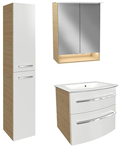 FACKELMANN Badmöbel Set B.Style 4-TLG. weiß-braun Badschrank Links & Mineralgusswaschbecken & LED Spiegelschrank - Made in Germany