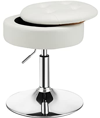 COSTWAY 360° Swivel Vanity Stool, Height Adjustable PU Leather Footstool Storage Ottoman with Removable Tray Lid, Modern Padded Round Footrest Accent Makeup Stool Chair for Living Room Bedroom (White)