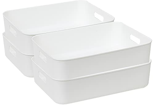 Cetomo 8L* 4 Storage Basket, Plastic Open Storage Box, Containers for Shelves, Organizers with Handles for Office, Countertops, Cabinets, PP, BPA Free, White, 8L-4 Pack (35 * 27 * 9cm)