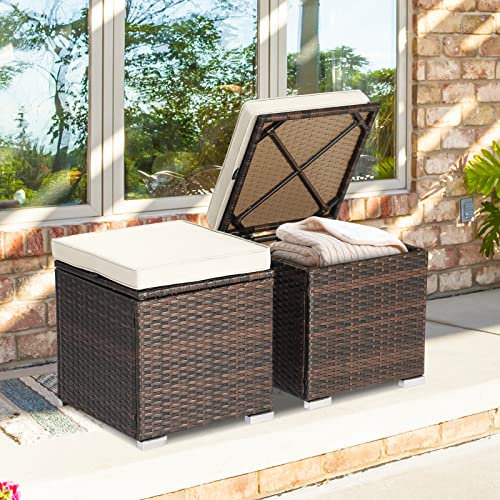 ORALNER Lot de 2 ottomans d'extérieur en osier avec rangement, repose-pieds cube en rotin toutes saisons avec coussins amovibles, repose-pieds carrés pour patio, porche, terrasse, assemblage facile
