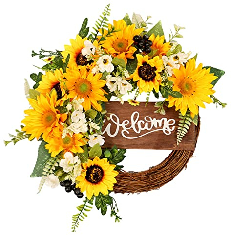 40cm Künstlicher Sonnenblume Kranz Willkommensschild Türkranz Willkommen Türschild Wandkranz Kranz Haustür Türschild Kranz Türkranz Girlande Wandbehang Zubehör Kränze Blumenkranz (Khaki, 40cm)